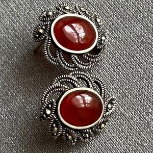 925 Sterling and Carnelian Earrings with Marcasite Accent